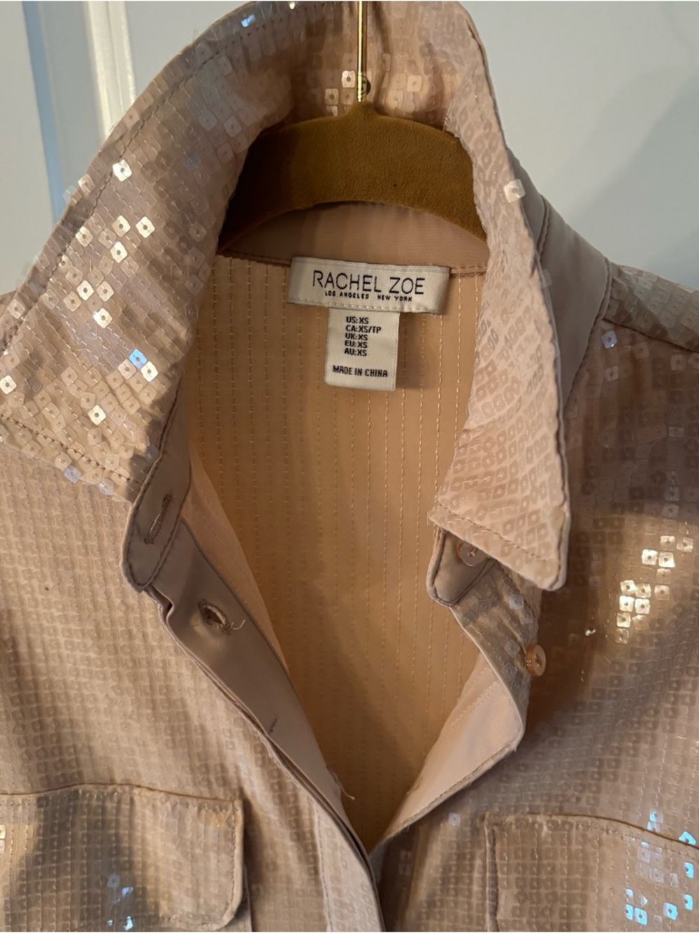 NEW Rachel Zoe Sequin Button-Up Shirt Blouse Quiet Luxury Champagne Sand